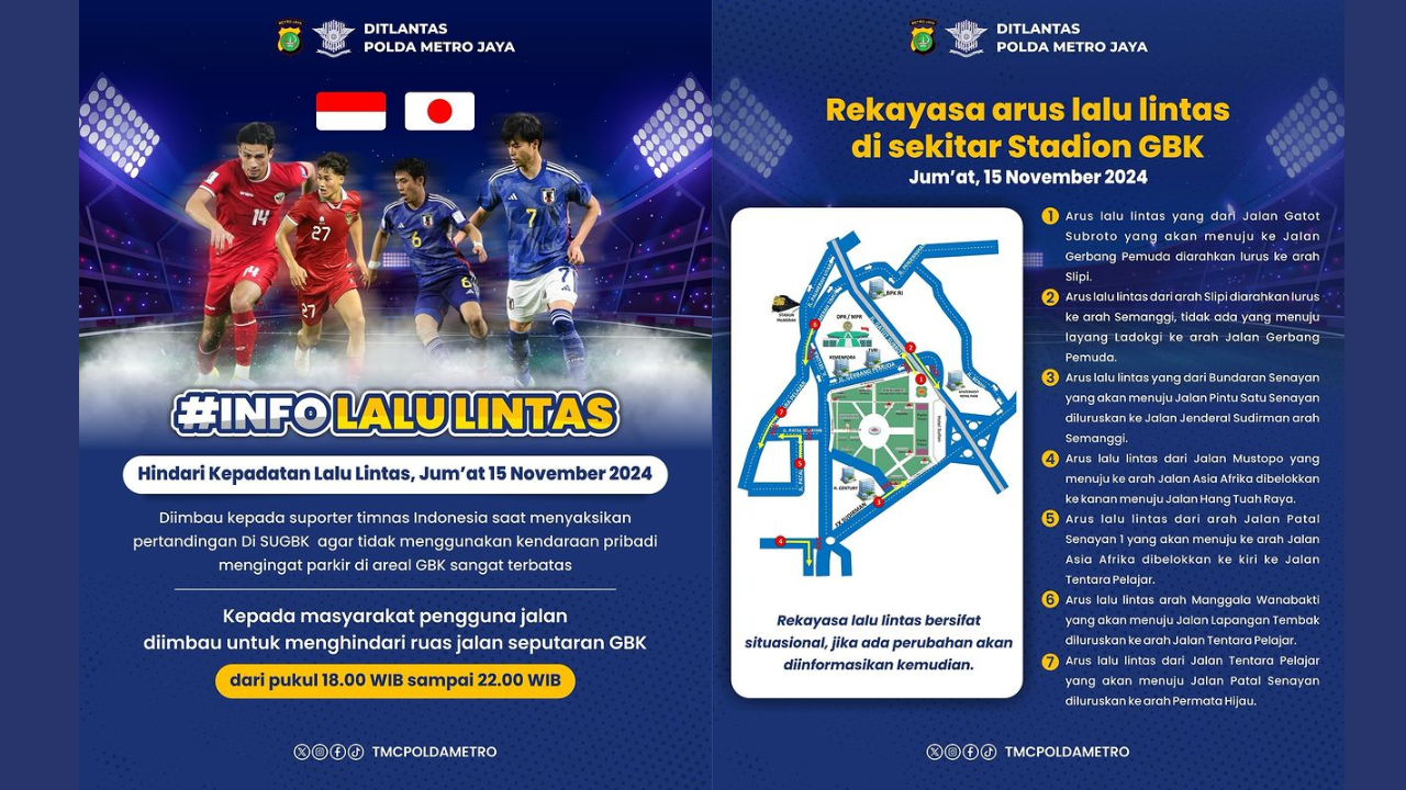 Daftar Rekayasa Lalu Lintas di Kawasan GBK saat Laga Timnas Indonesia vs Jepang 15 November 2024