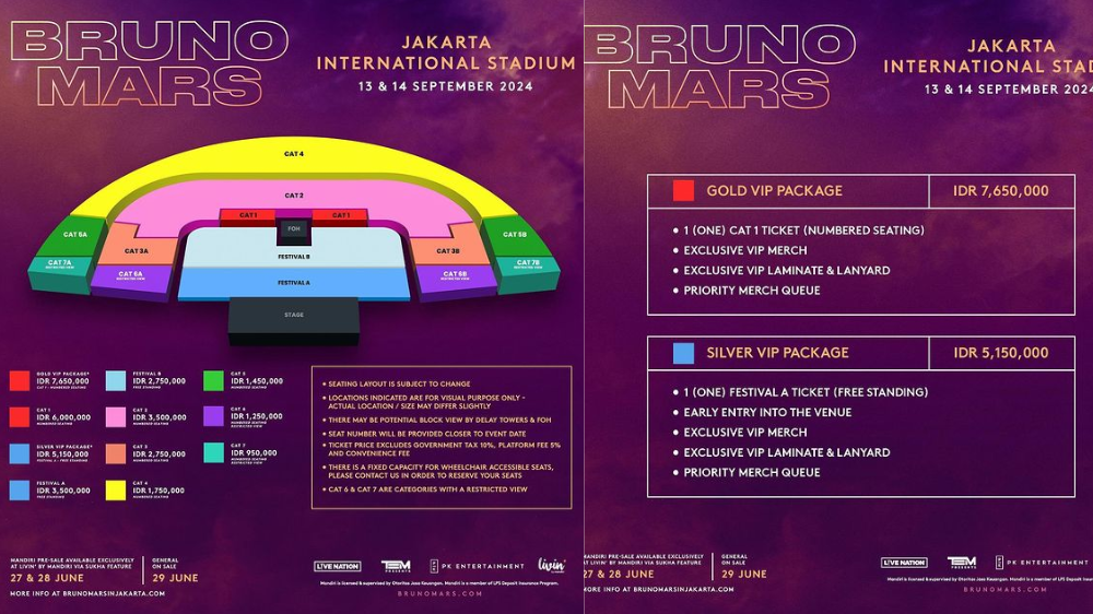 Harga Tiket Konser Bruno Mars di JIS 1314 September 2024, Paling Murah