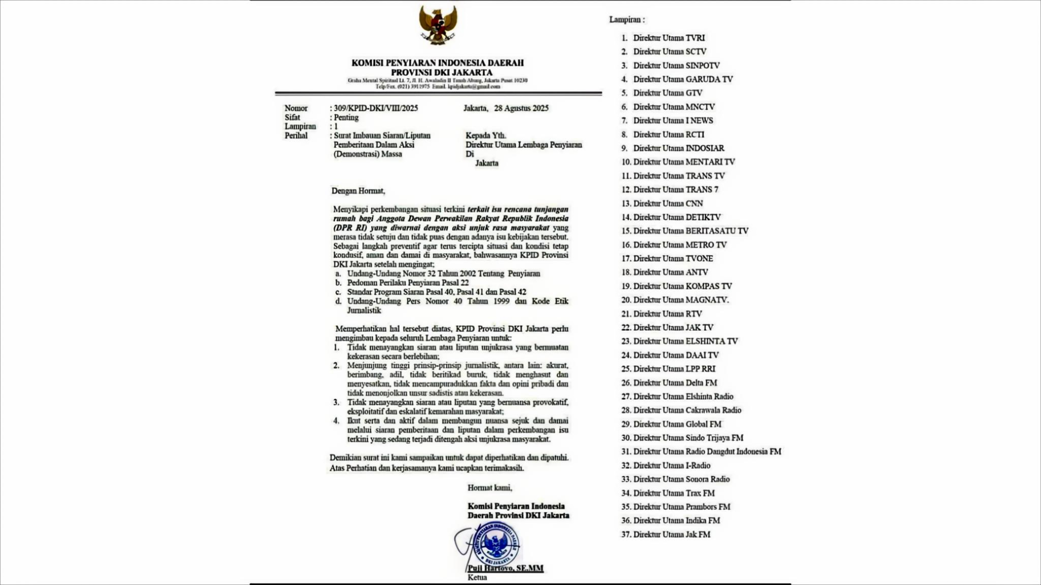 KPID Bantah Keluarkan Surat Larangan Peliputan Aksi Demonstrasi ke Redaksi TV dan Radio
