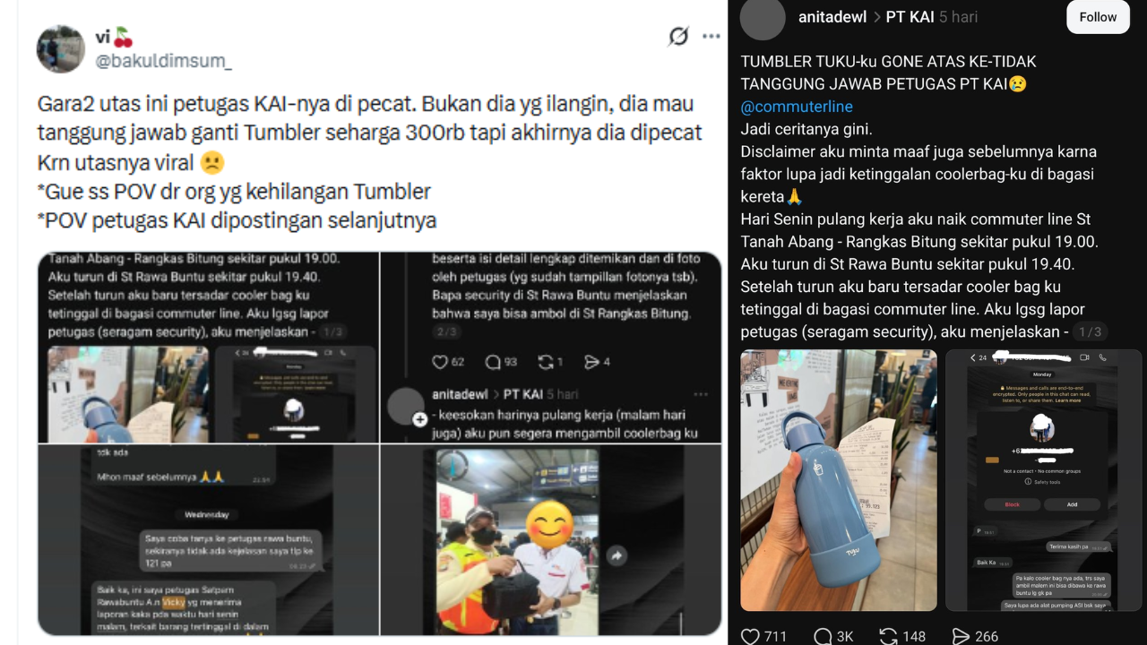 Gara-Gara Tumbler Minuman Hilang di KRL Berujung Petugas Dipecat, Netizen: Ini Pemutus Rejeki Orang