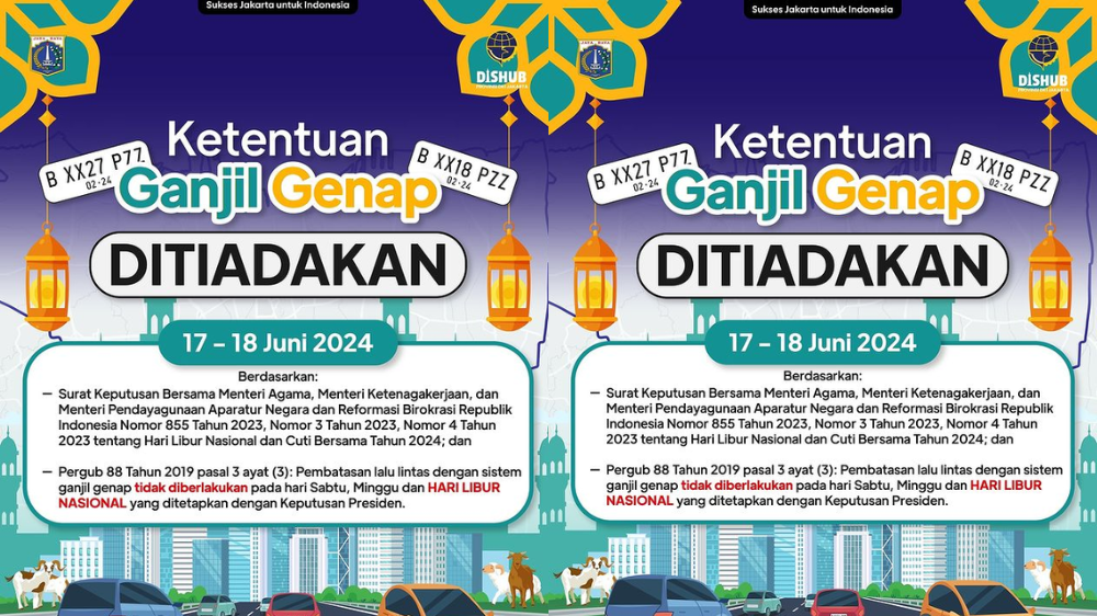 Pengumuman! Ganjil Genap di Jakarta Ditiadakan 17-18 Juni 2024, Peringati Hari Raya Idul Adha 1445 H