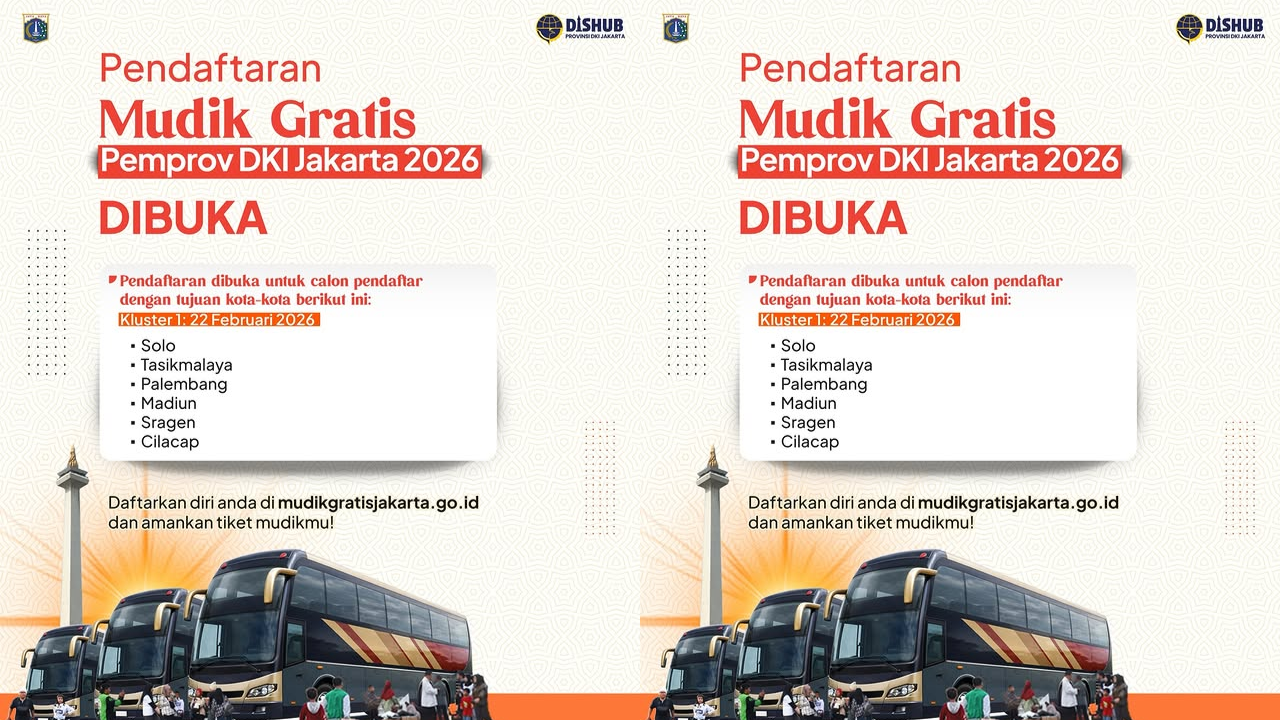 6 Tujuan Kota Mudik Gratis Pemprov DKI Jakarta 2026 Resmi Dibuka Hari Ini, Rute Solo hingga Palembang