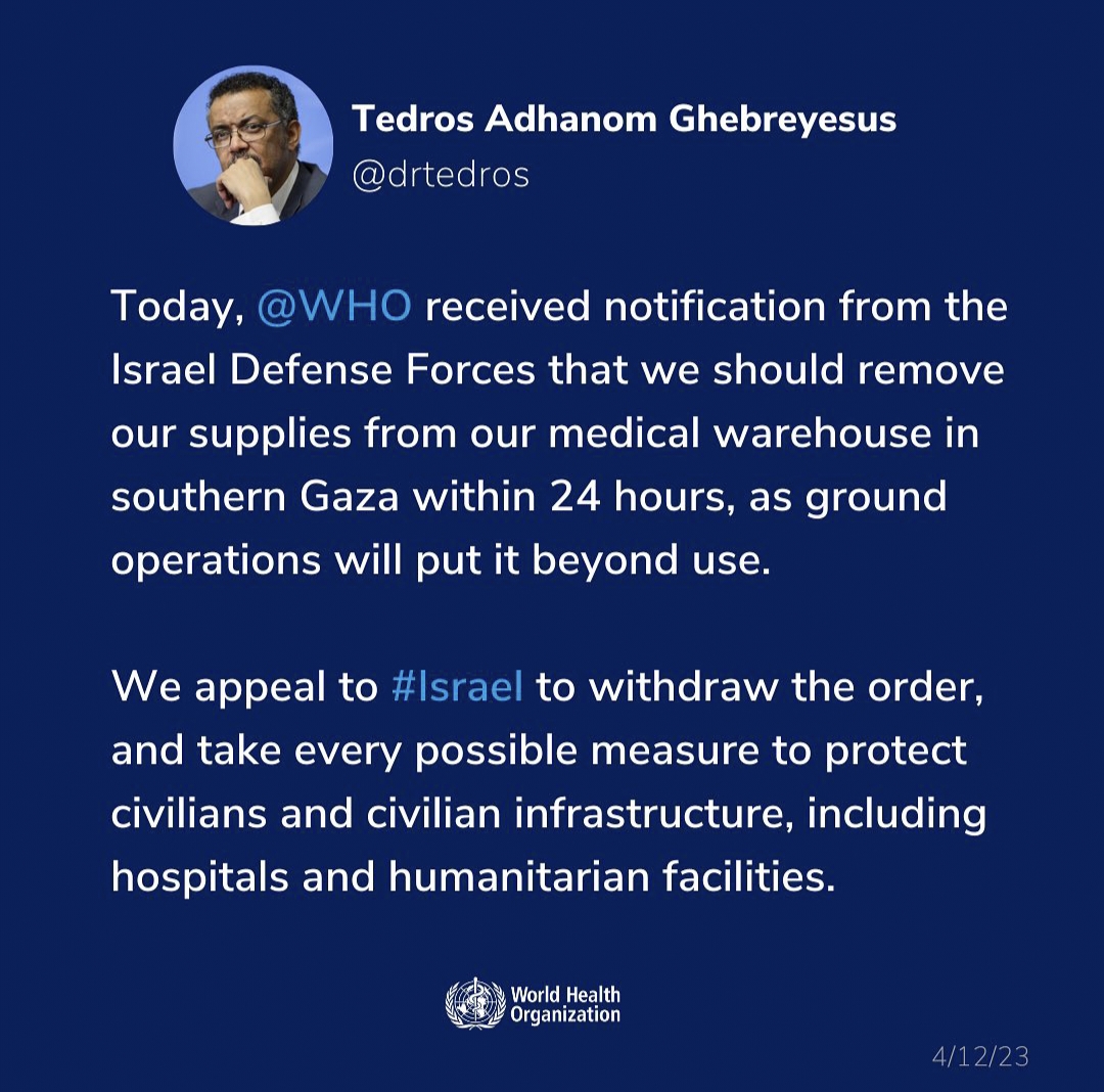 Israel Desak WHO untuk Kosongkan Stok Medis di Gudang Gaza Selatan dalam 24 jam, Tedros: Cabut Perintah itu!
