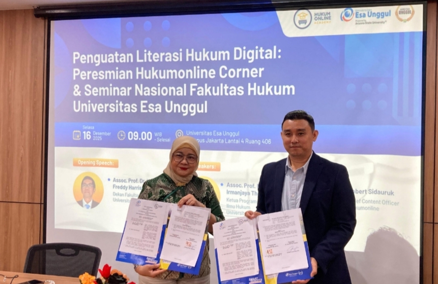 Perkuat Literasi Hukum Digital, Fakultas Hukum Universitas Esa Unggul Resmikan Hukum Online Corner dan Teken MoU dengan Hukum Online