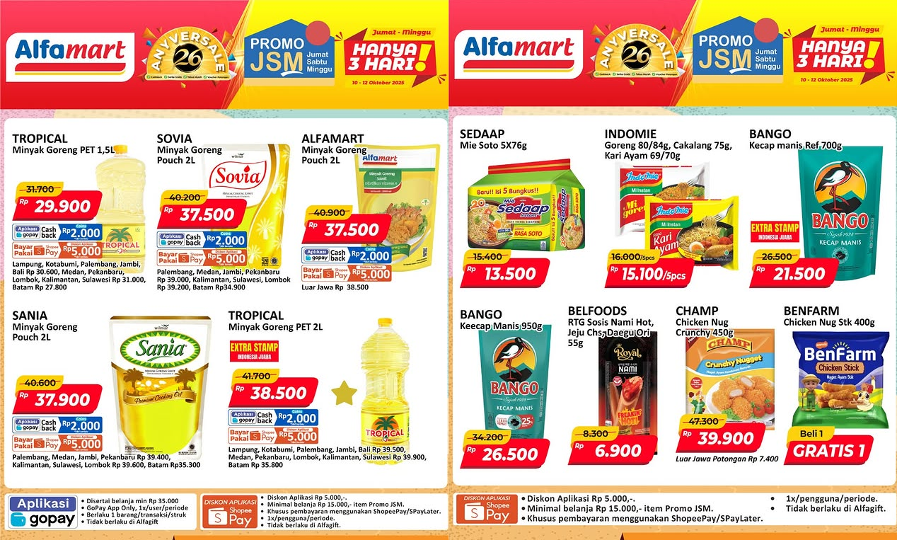 Promo JSM Alfamart Terbaru Spesial 10.10 - 12 Oktober 2025, Minyak Goreng Tropical Cuma Rp29 Ribuan!