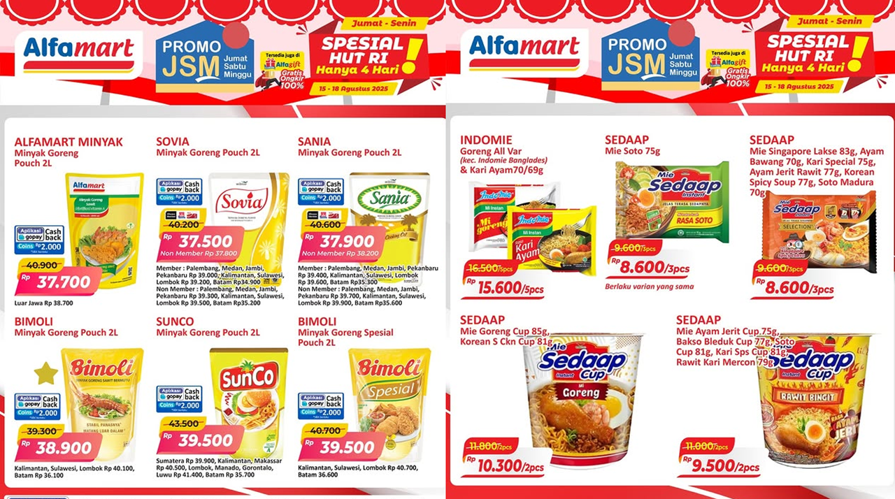 Katalog Promo JSM Alfamart Terbaru 15-17 Agustus 2025 Spesial HUT RI, Minyak Goreng-Mie Instan Mulai Rp8 Ribuan!