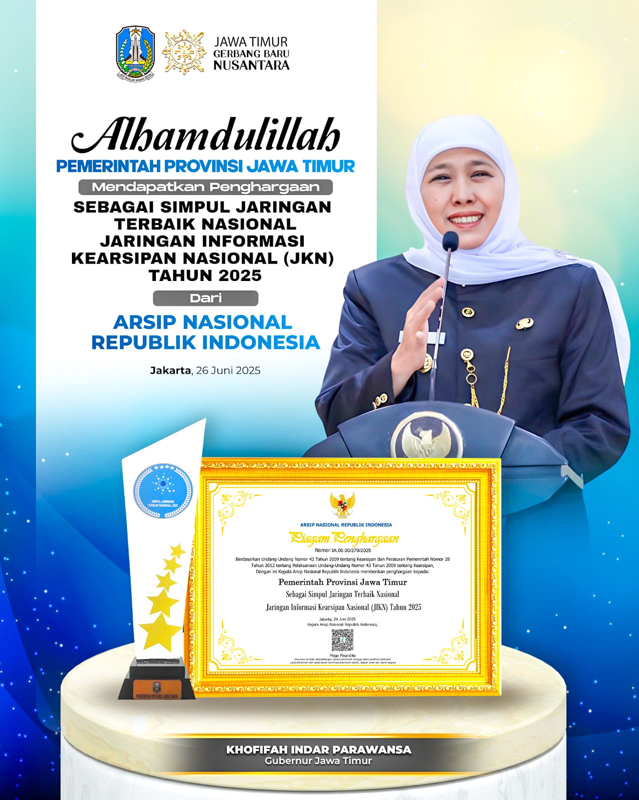 Jatim Raih Penghargaan Tata Kelola Arsip, Gubernur Khofifah Dorong Sistem Kearsipan Terbuka dan Mudah Diakses