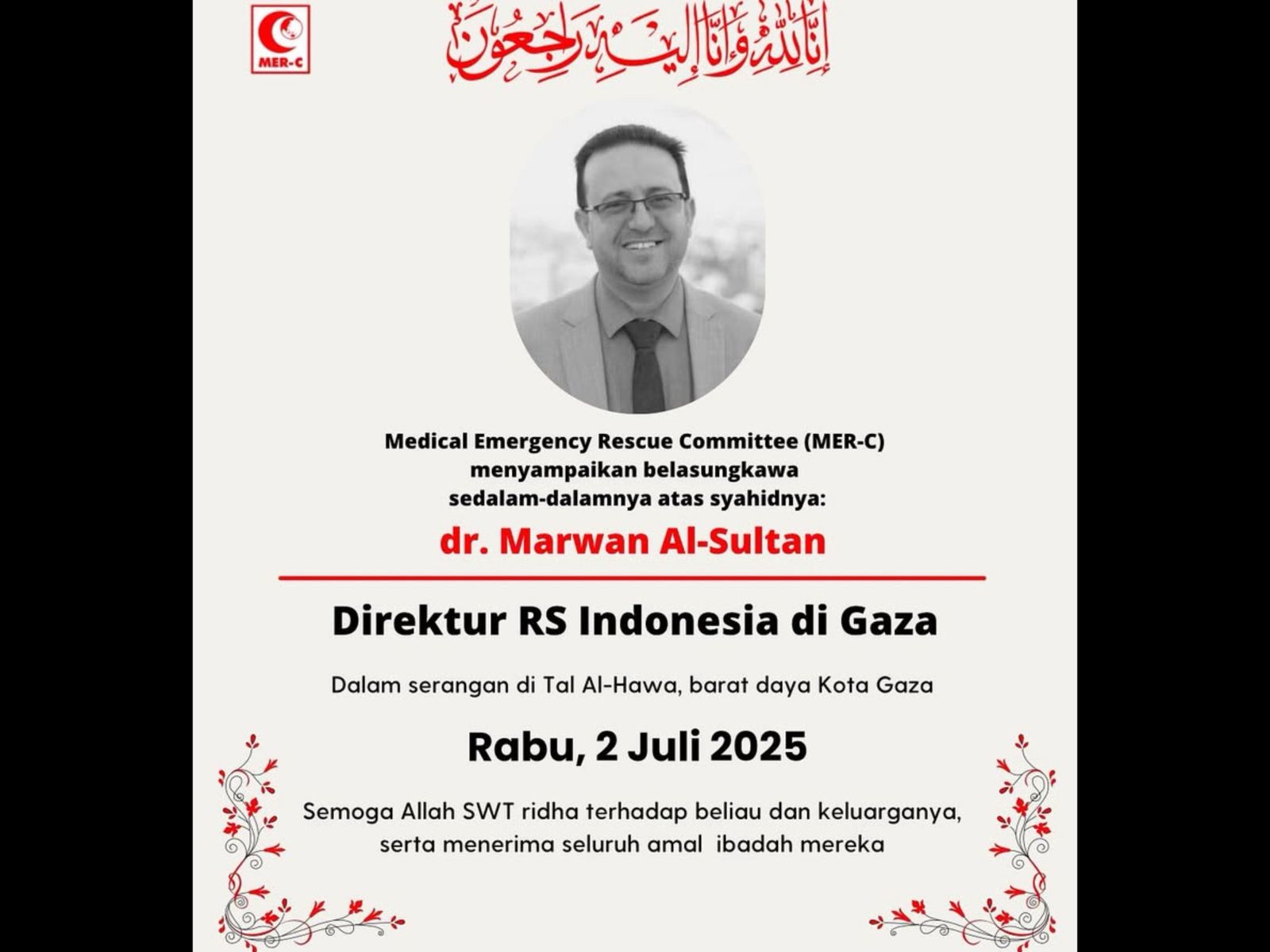 Direktur RS Indonesia di Gaza, Marwan Al-Sultan, Tewas dalam Serangan Udara Israel