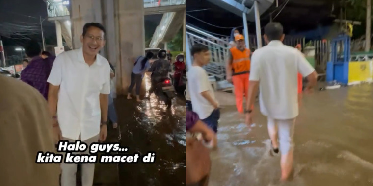 Kejebak Macet, Sandiaga Uno Banjir-banjiran di Jalan Raya Ciledug dan Pulang Diantar Dishub