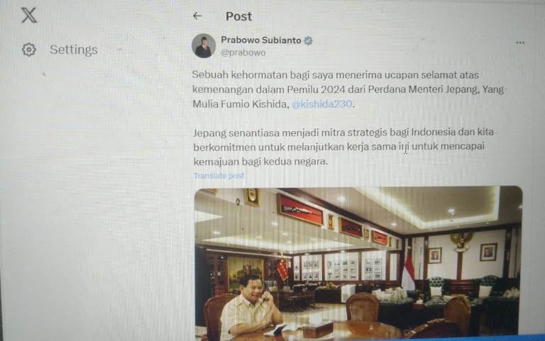 Prabowo Terima Ucapan Selamat dari PM Jepang