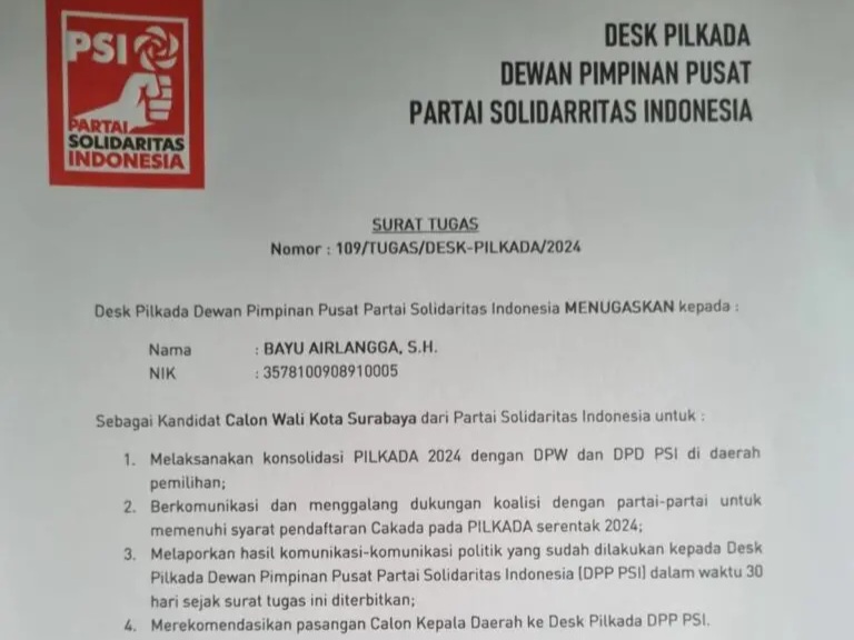 Susul Eri Cahyadi, Bayu Airlangga Dapat Surat Tugas PSI Maju Pilwali Surabaya: Langsung dari Kaesang! 
