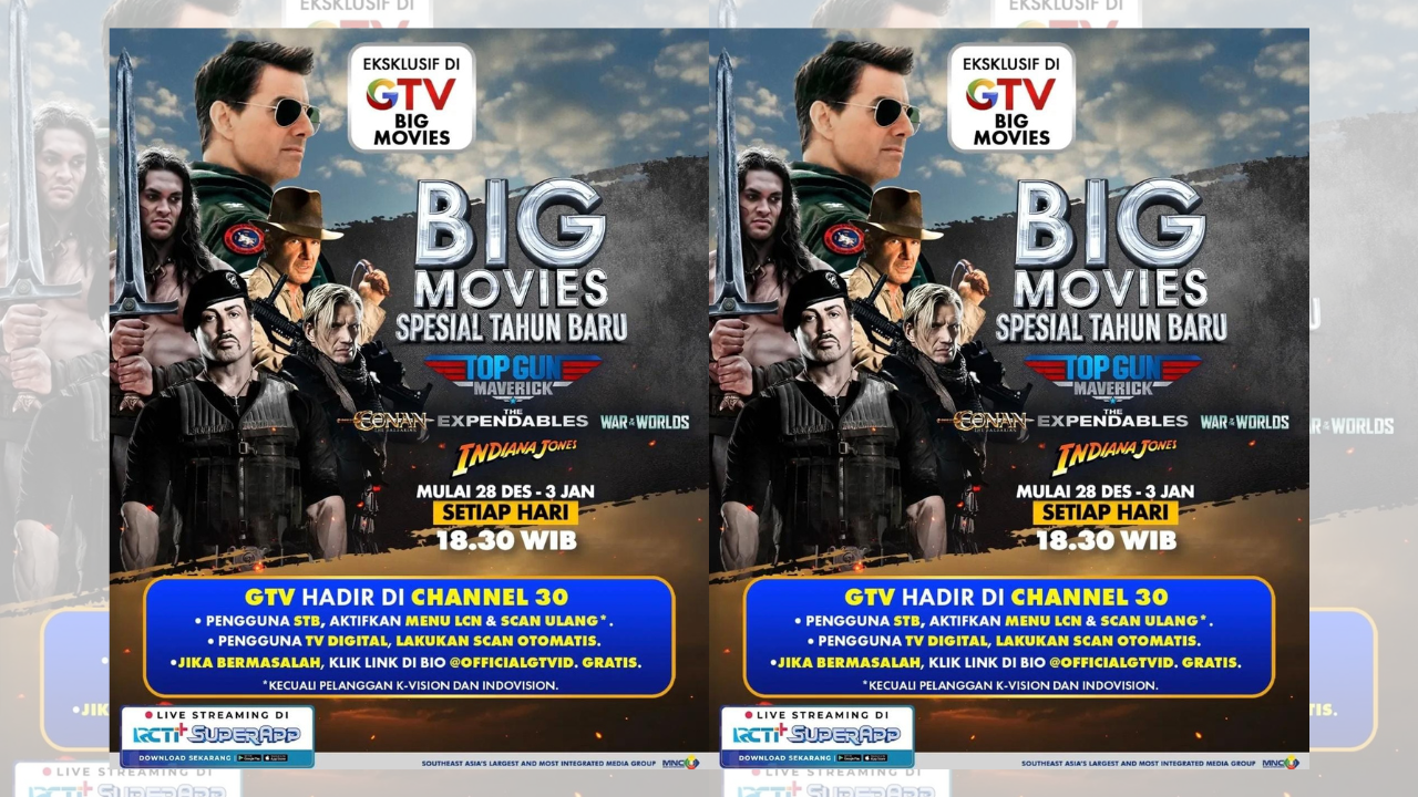 Jadwal Film Big Movie di GTV Spesial Tahun Baru 28 Desember-3 Januari, Ada Top Gun hingga War of the Worlds