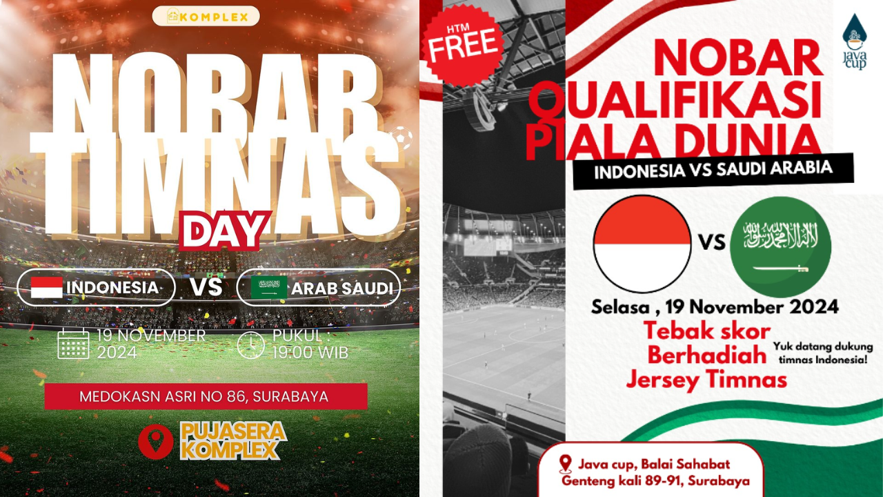 15 Lokasi Nobar Timnas Indonesia vs Arab Saudi di Surabaya Hari ini 19 November 2024