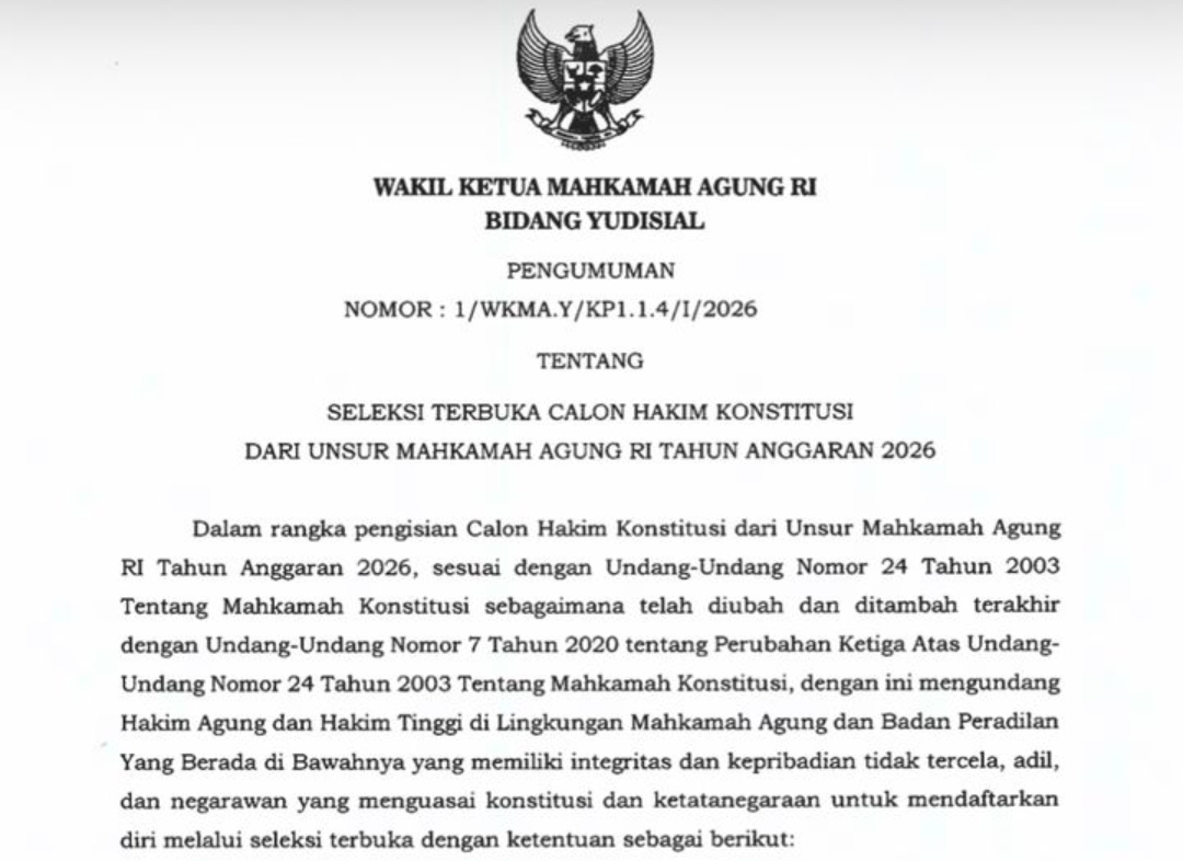 MA Buka Seleksi Hakim Konstitusi 2026, Cek Syarat dan Waktu Pendaftarannya