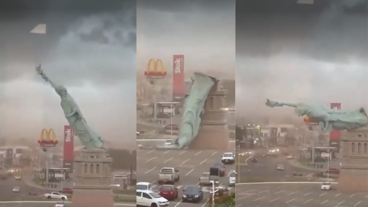 Detik-detik Replika Liberty Tumbang di Hantam Angin Kencang di Brazil, Tidak Ada Korban Jiwa