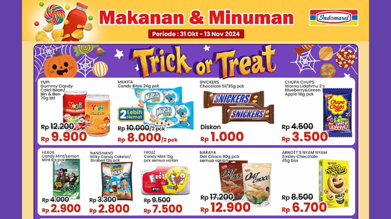 Katalog Promo Indomaret 31 Oktober 2024 Spesial Halloween, Aneka Jajanan Mulai Rp3 Ribuan!