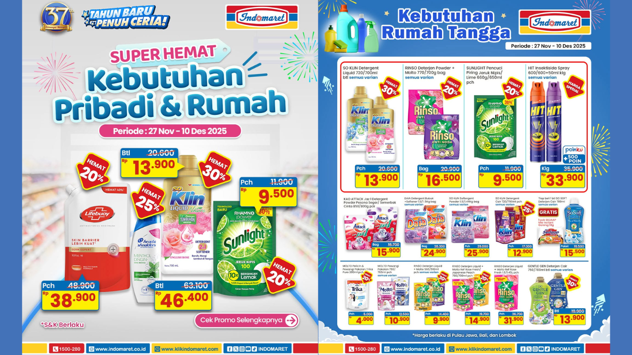 Katalog Promo JSM Indomaret Jelang Akhir Tahun 5-7 Desember 2025, Detergent Cuci Baju Rinso-DAIA Mulai Rp16.500