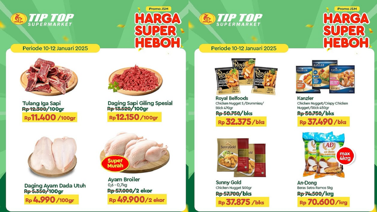 Katalog Promo TIP TOP JSM Super Diskon Akhir Pekan 11-12 Januari 2025, Daging Ayam hanya Rp5 Ribuan!