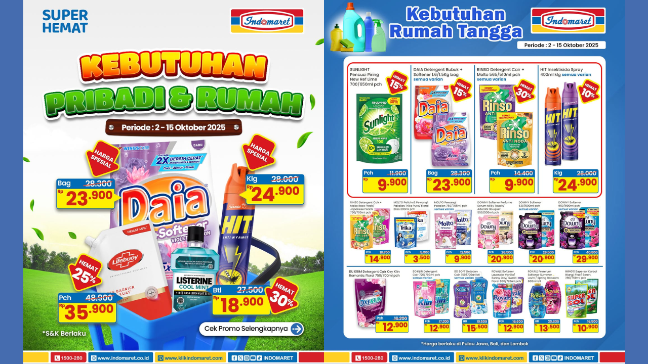 Katalog Promo JSM Indomaret Terbaru 10-12 Oktober 2025, Diskon Detergent Cuci Baju Rinso-Downy Mulai Rp14 Ribuan