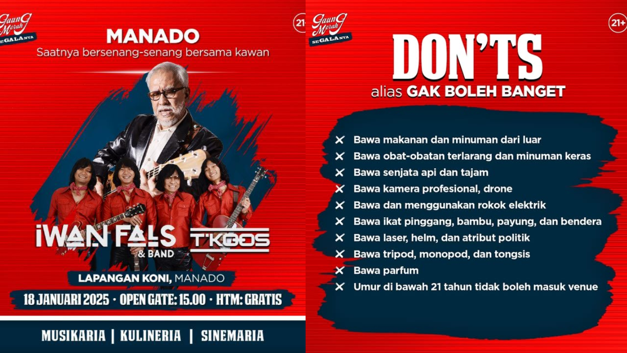 Konser Gratis Iwan Fals di Manado 18 Januari 2025, Cek Lokasinya!