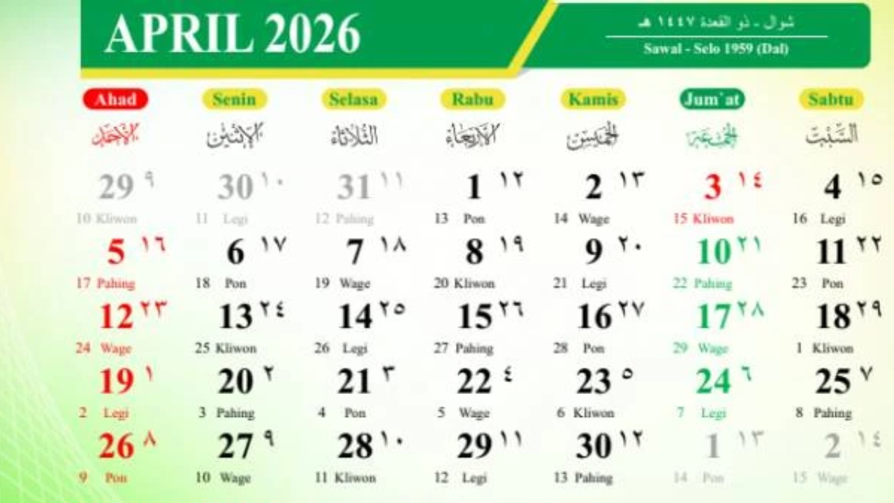 Kalender Jawa April 2026: Lengkap dengan Weton hingga Tanggalan Hijriah