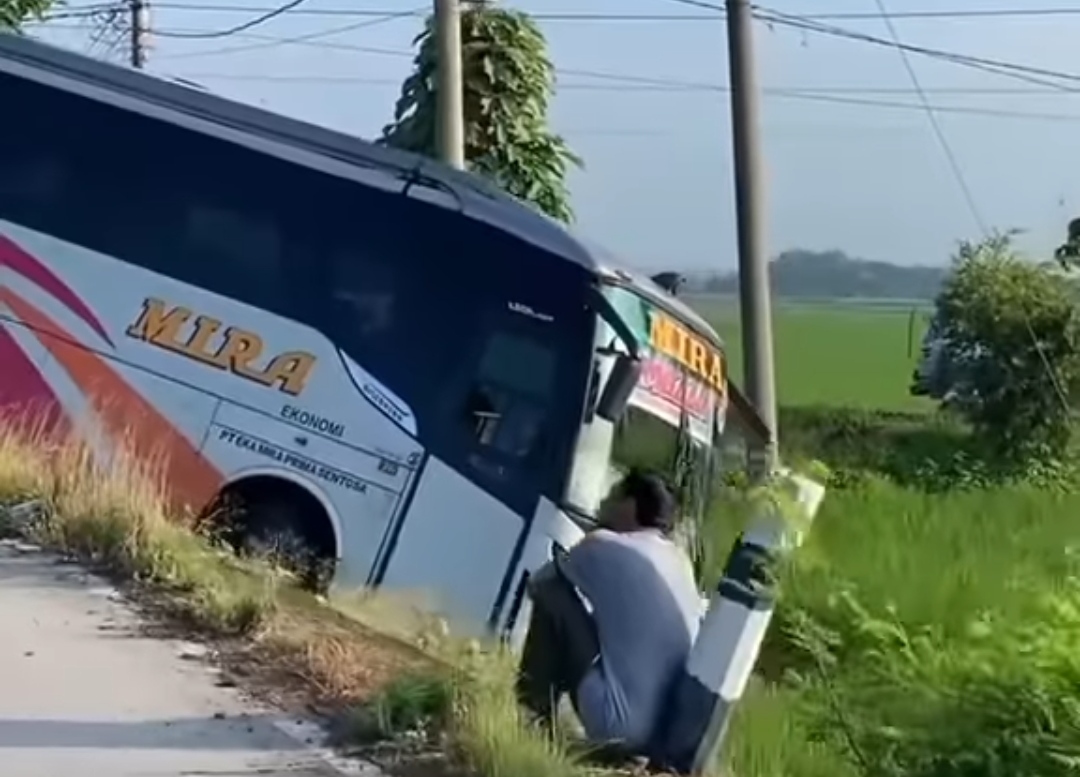 Viral Kecelakaan Bus MIRA Nyungsep ke Sawah di Pilangsari Sragen