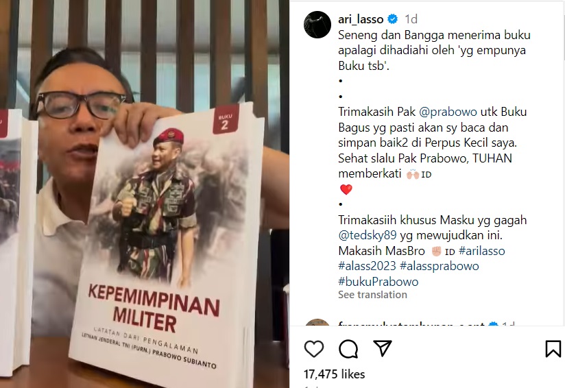 Diberi Hadiah Buku Kepemimpinan Militer Prabowo, Ari Lasso: Akan Melengkapi Koleksi Perpustakaan Saya