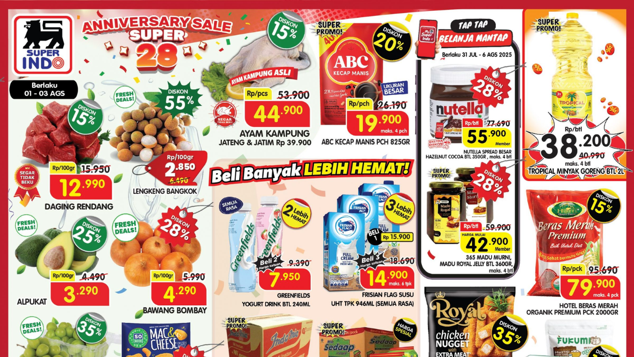 Promo JSM Superindo Minggu Ini 1-3 Agustus 2025 Terbaru, Awal Bulan Spesial Anniversary Tropical Minyak Goreng Cuma Rp38 Ribuan