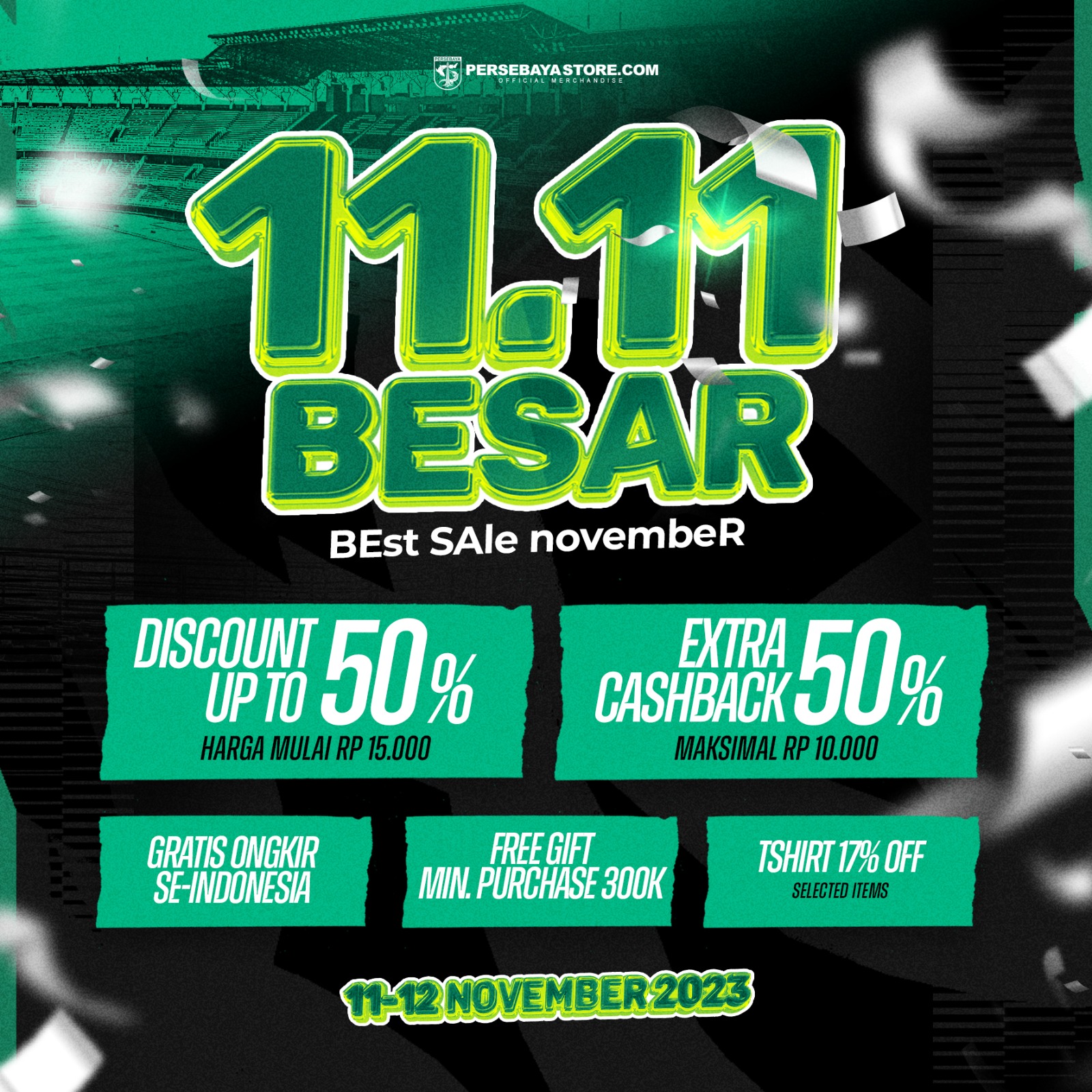 Promo 11.11 Persebaya Store: Diskon dan Cashback 50 Persen, Free Gift! 