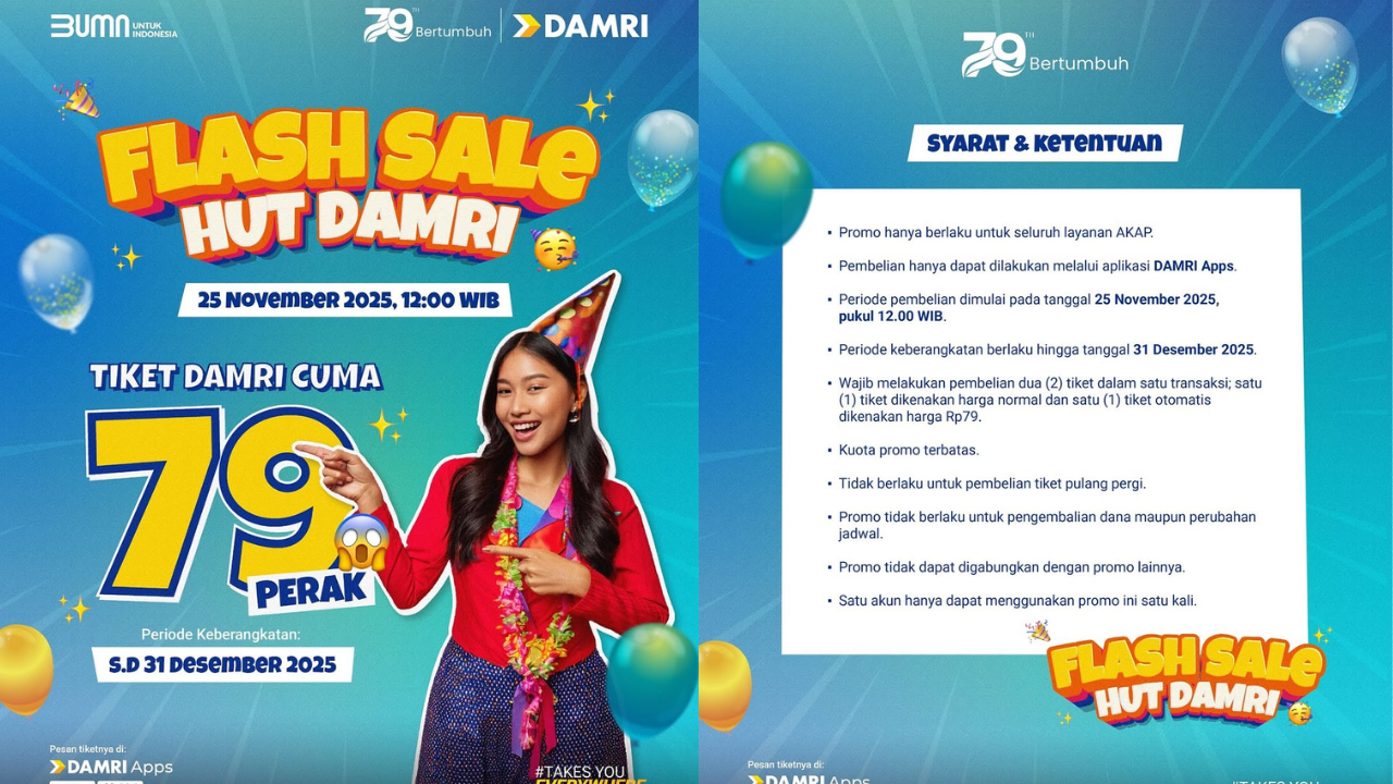 Catat! Spesial HUT ke-79 DAMRI Ada Promo Tiket Bus Rute AKAP Pembelian 25 November 2025