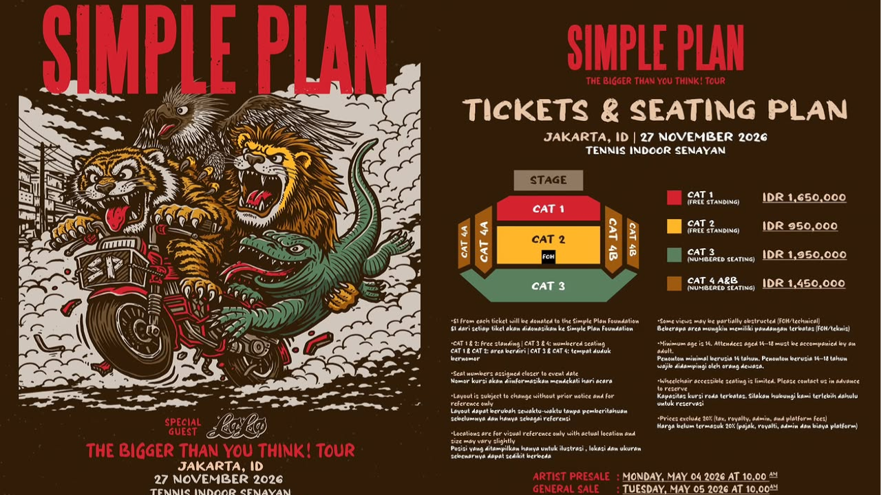 Daftar Harga Tiket Konser Simple Plan di Indonesia 2026, Paling Murah Rp850 Ribu