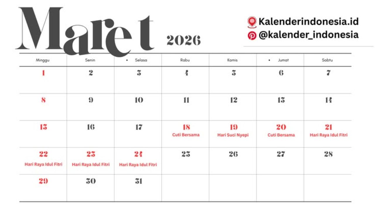 Daftar Tanggal Merah Maret 2026, Libur Panjang dan Rincian Cuti Bersama Idulfitri-Nyepi