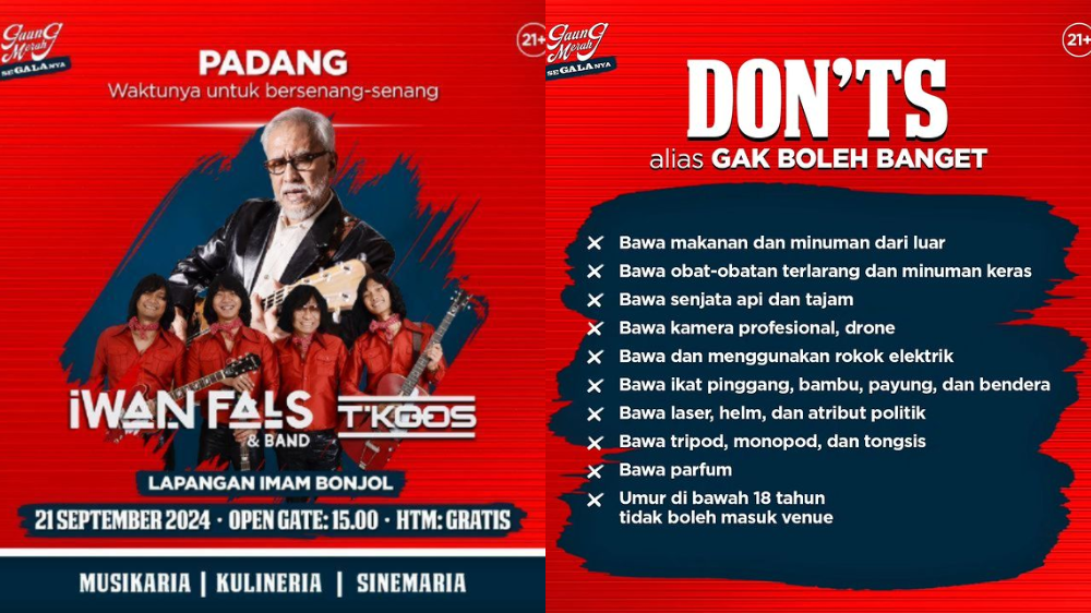 Konser Gratis Iwan Fals di Padang 21 September 2024, Catat Waktu dan Lokasinya