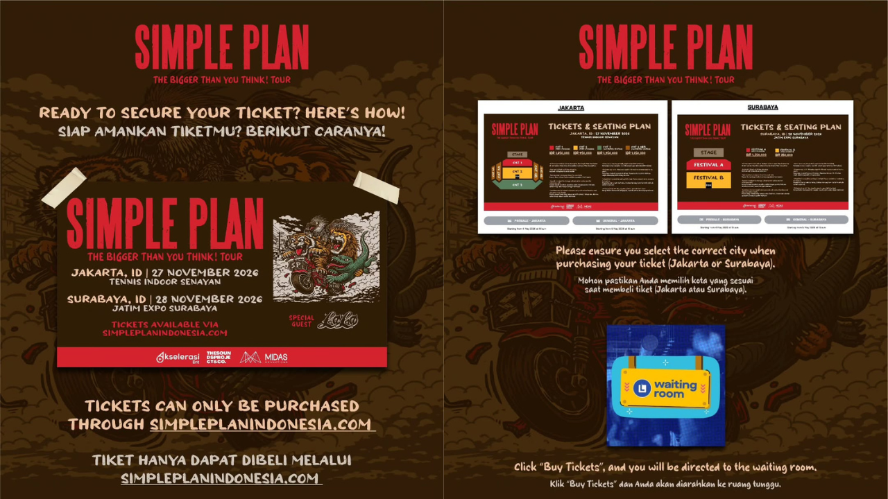 Link dan Cara Beli Tiket Konser Simple Plan di Jakarta dan Surabaya 2026, Dibuka Pukul 10.00 WIB