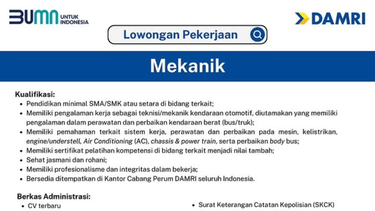 Lowongan Kerja DAMRI, Lulusan SMA-SMK Bisa Daftar