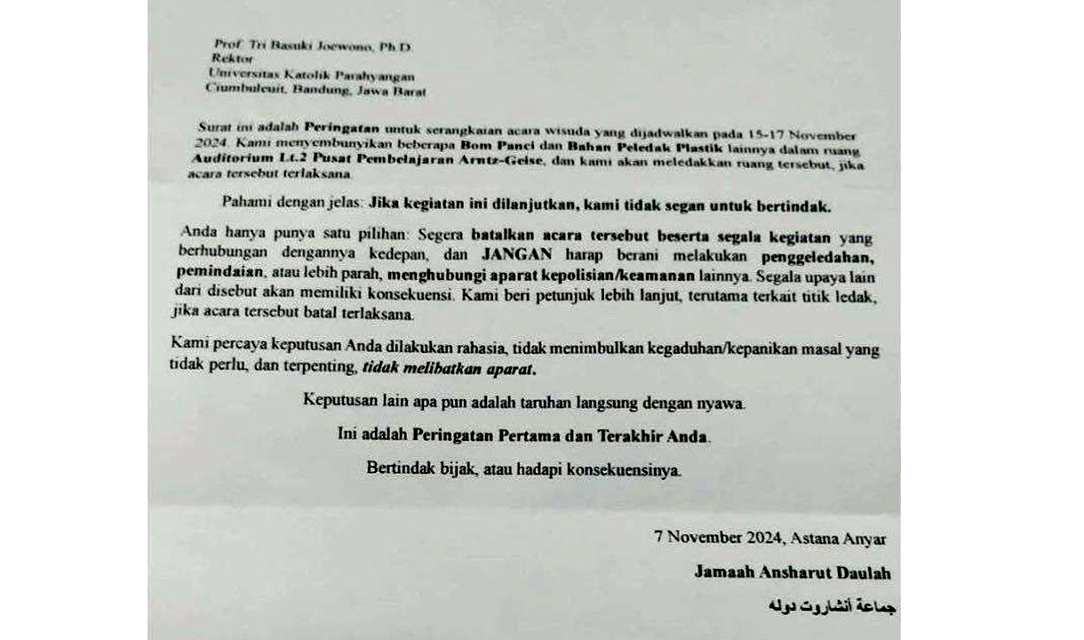 Ancaman Teror Bom UNPAR, Isi Surat Minta Batal Semua Acara