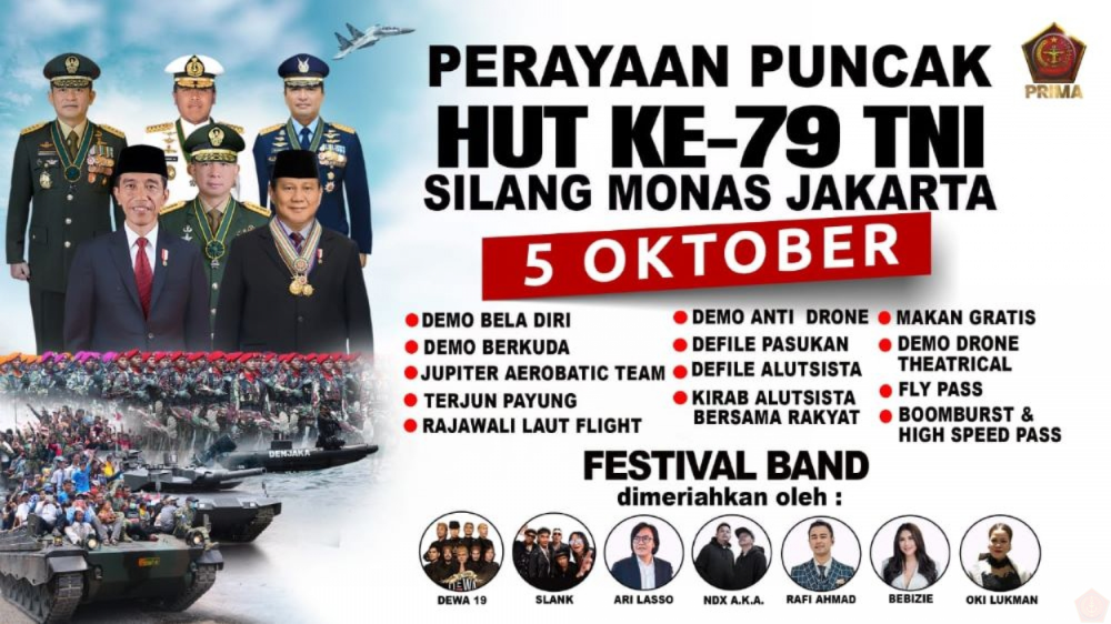 Konser Gratis Spesial HUT ke-79 TNI di Monas Jakarta 5 Oktober, Ada Slank hingga Dewa 19