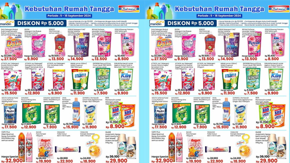 Katalog Promo JSM Indomaret 6-8 September 2024 Banjir Diskon Kebutuhan Rumah Tangga, Detergent Cuci Baju Cuma Rp9 Ribuan!