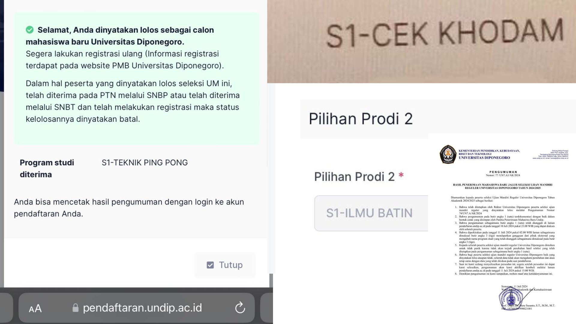 Trending! Web Pengumuman Ujian Mandiri Undip Diretas, Muncul Jurusan S1 Ilmu Batin Hingga Cek Khodam