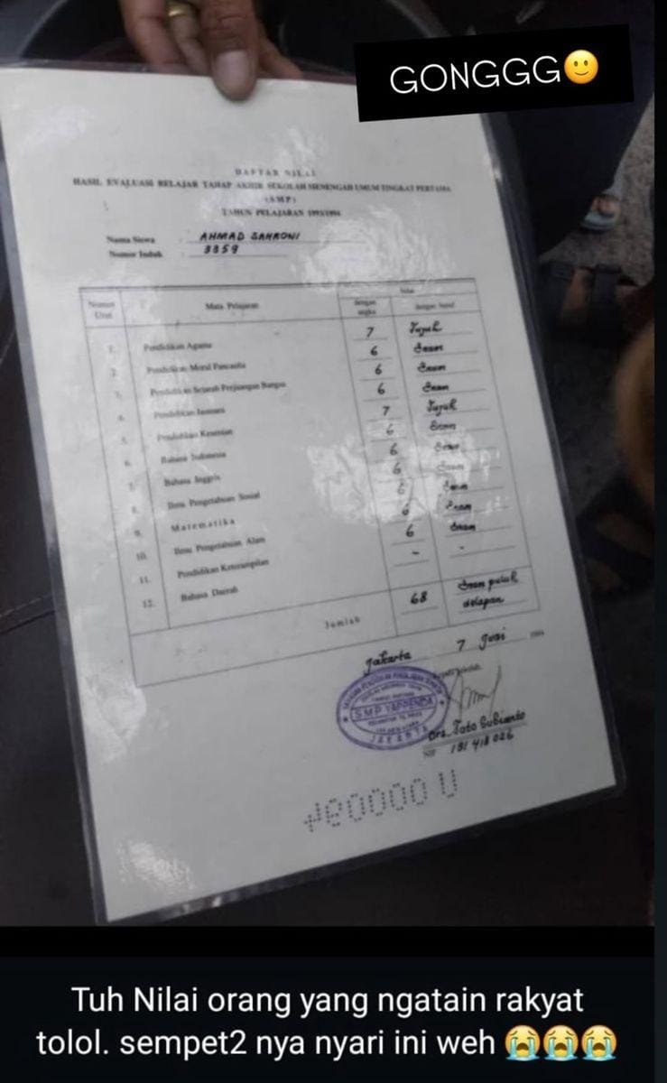Ijazah Sahroni Bocor, Nilai Rata-rata SMP Cuma 6
