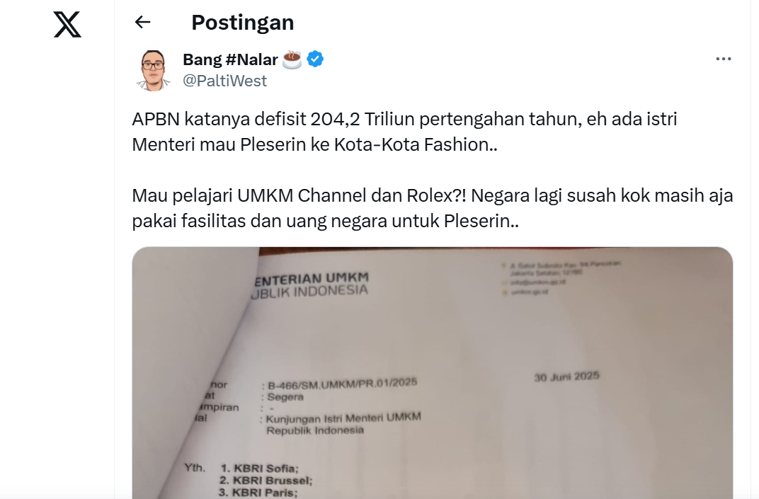 Bocor! Diduga Proposal Istri Menteri UMKM 'Plesiran' ke Kota Fashion Eropa 14 Hari, Netizen Geram: Negara Lagi Susah