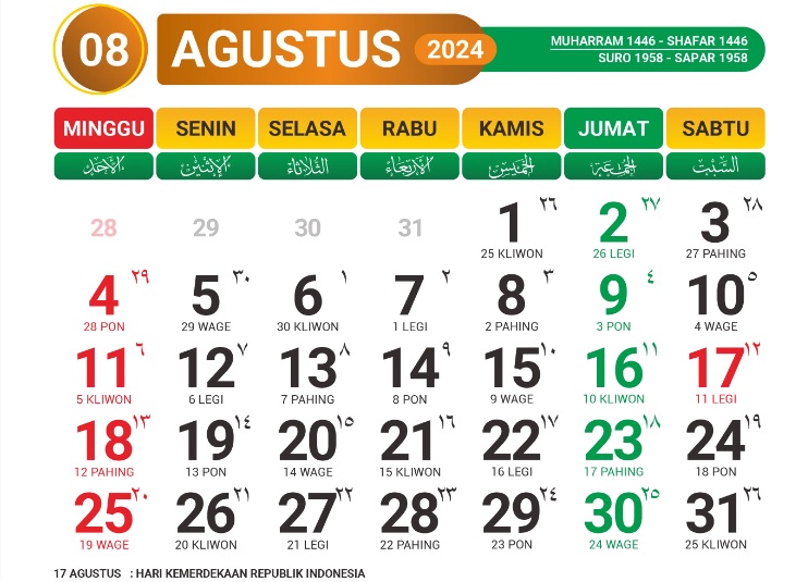 Kalender Jawa Bulan Agustus 2024 Lengkap Weton dan Pasaran