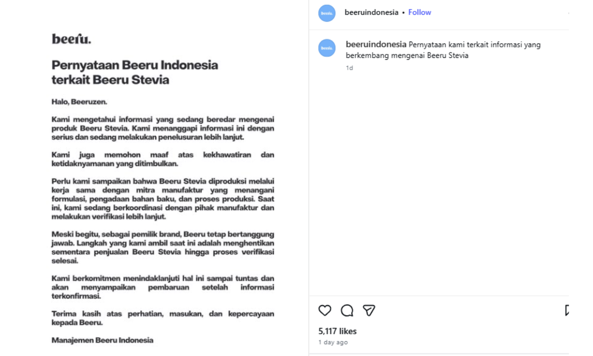 Kronologi Beeru Stevia Diduga Berisi Pemanis Buatan, Perusahaan Klarifikasi