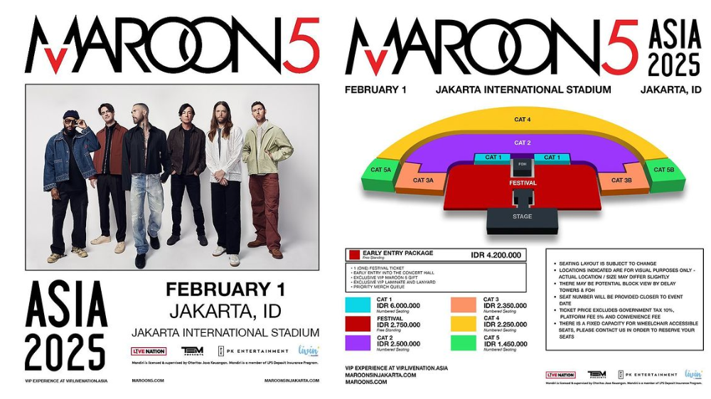 S.I.N Siapin Duit! Maroon 5 Gelar Konser di Jakarta 1 Februari 2025, Harga Tiket Paling Murah Rp1,45 Juta