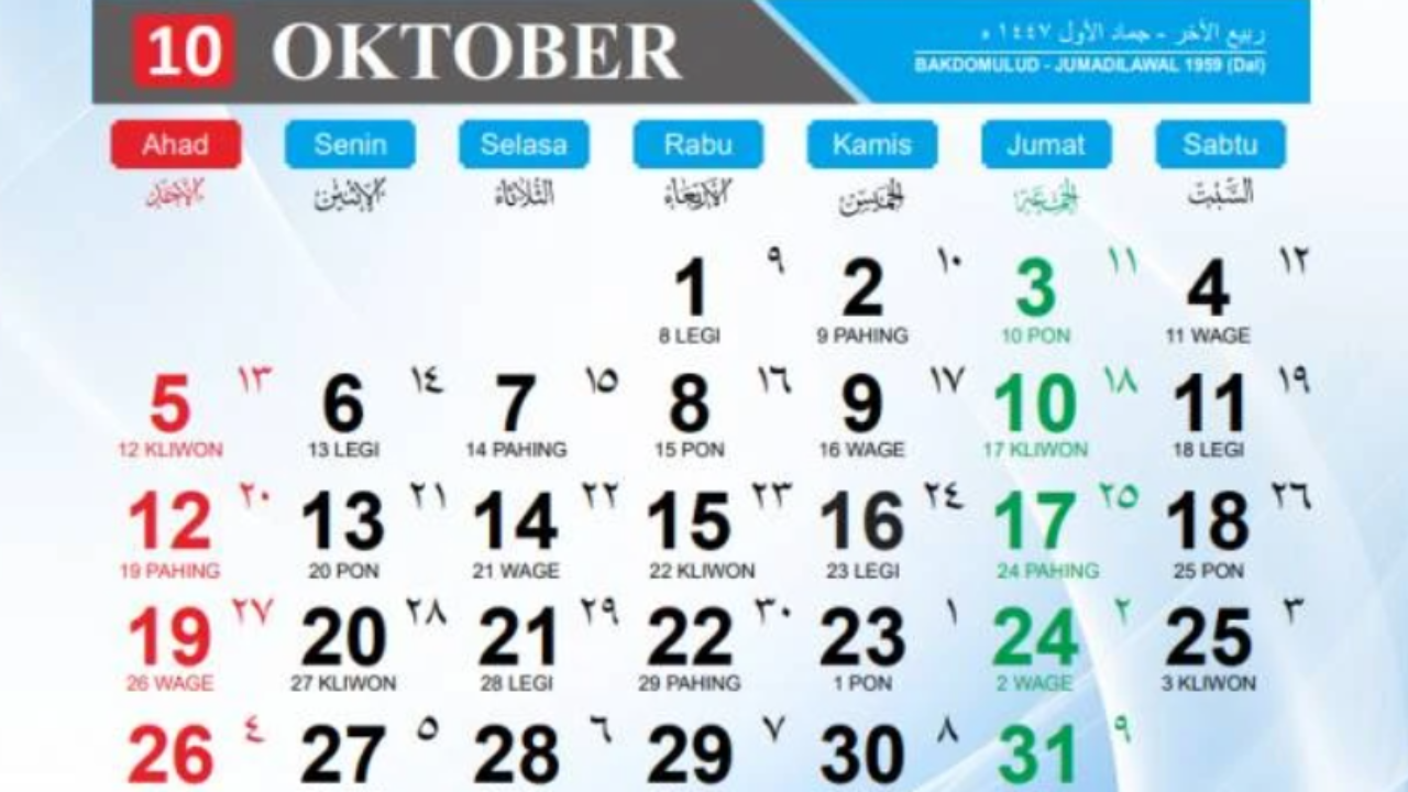 Kalender Jawa Oktober 2025 Lengkap Weton dan Penanggalan Hijriah, Cek di Sini