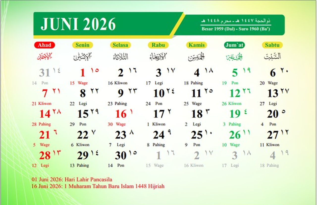 Kalender Jawa Juni 2026: Lengkap Weton, Pasaran hingga Penanggalan Hijriah