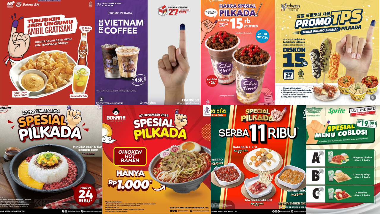 25 Promo Pilkada 2024 Ada Makanan dan Minuman, Syaratnya Cuma Tunjukkan Jari Bertinta!