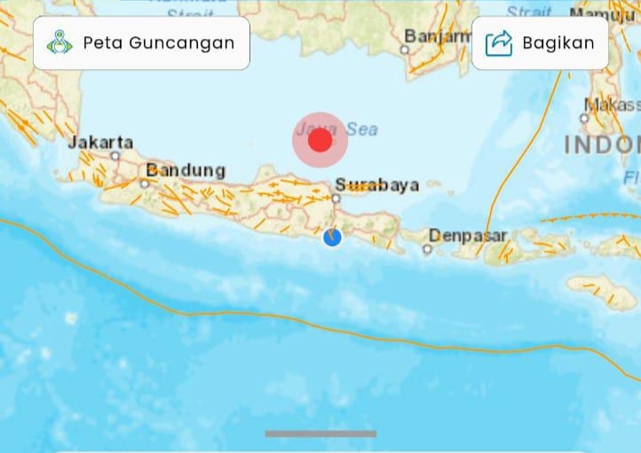 Gempa M=6,0 di Laut Jawa, Terasa di Surabaya dan Jawa Bagian Utara
