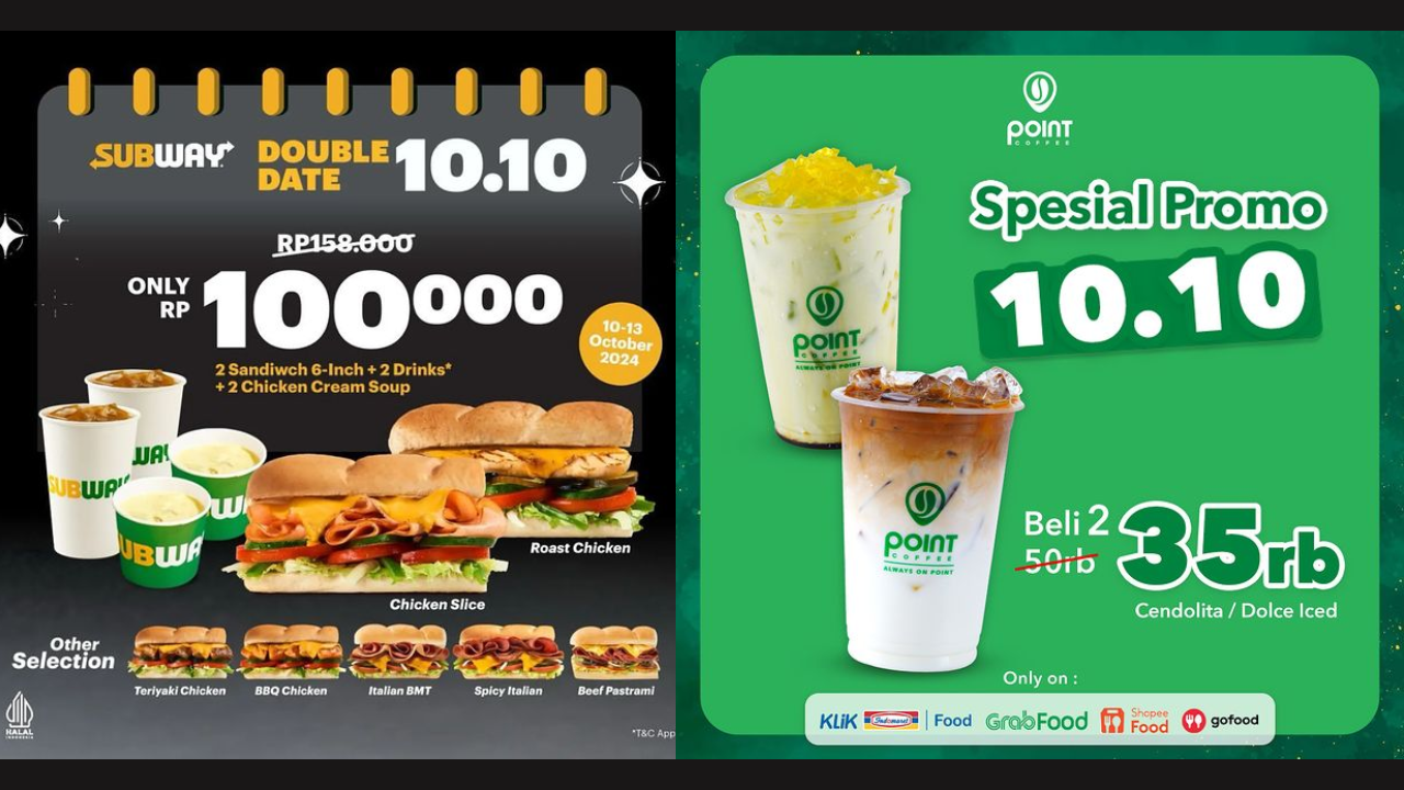 Terbaru! 5 Promo Makanan dan Minuman Spesial 10.10 Oktober 2024, Ada Subway hingga Point Coffe 