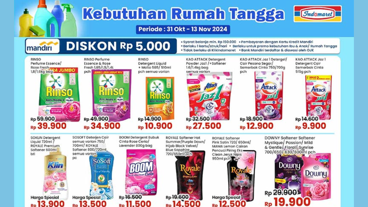 Katalog Promo Indomaret Hari ini 3 November 2024, Rinso Detergent Cuci Baju Cuma Rp10 Ribuan!